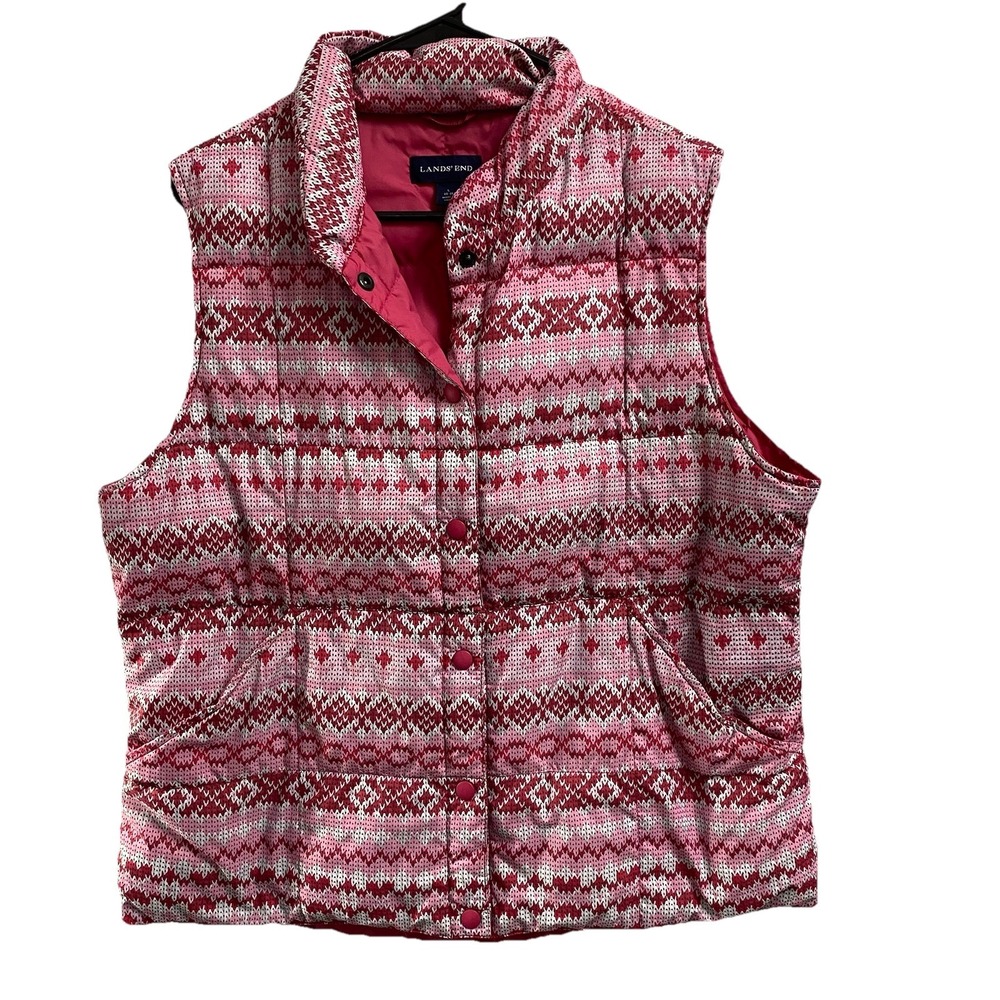 Lands' End Women's Sleeveless Down Puffer Vest Red, White & Pink Sz.L, 14-16 EUC